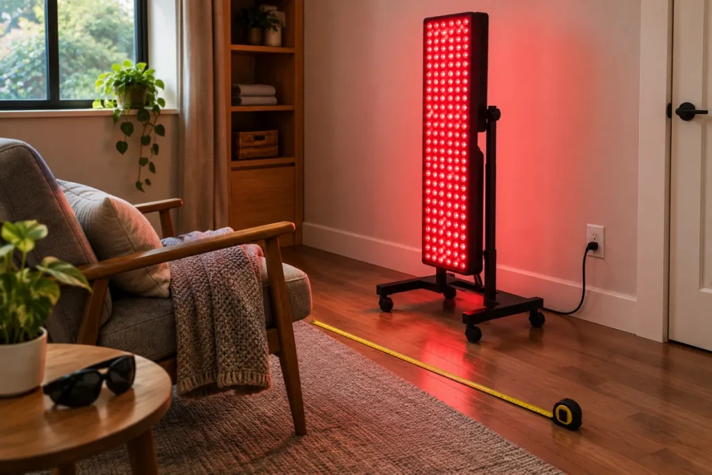A non-branded full-height red light panel on a movable floor stand in a small home room, with a chair, visible wall outlet, clear walking space, and a tape