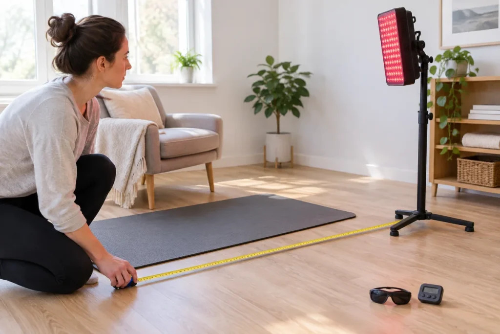 A non-branded red light panel mounted on an adjustable stand beside a chair or standing mat, with a tape measure stretched from the panel to the use positi