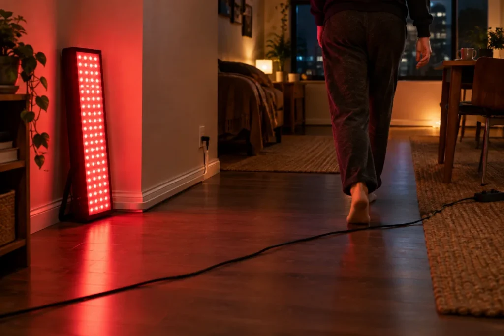 A practical contrast image showing one red light panel cord routed tightly along a baseboard with a low-profile cord cover, while a separate visible cable