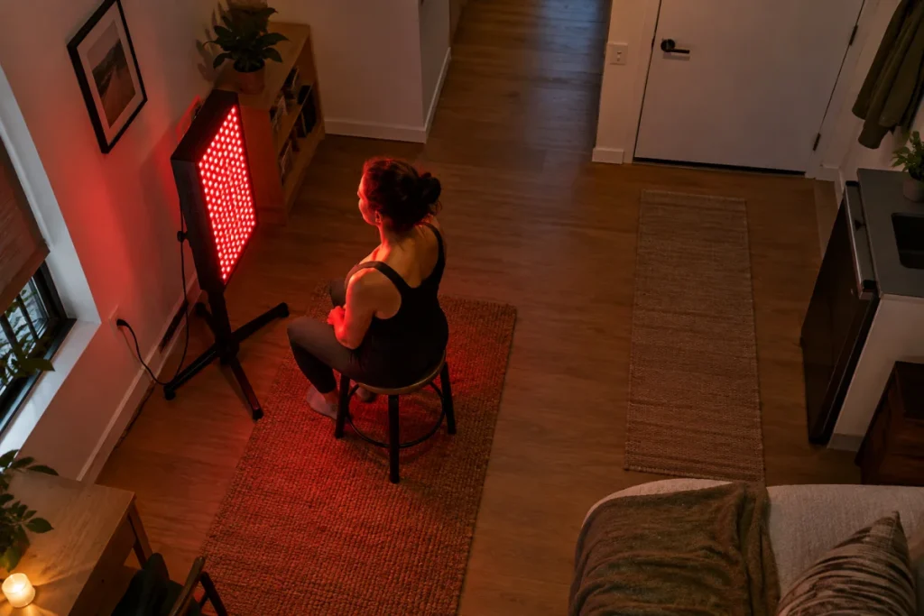 An overhead or high-angle real apartment view of a compact red light panel on a stand facing a stool in a studio corner, with a clear walkway beside it, sp