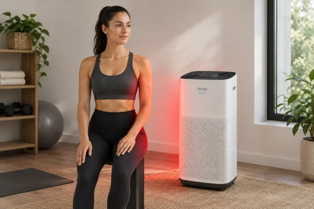 A non-branded vertical red/NIR panel positioned at torso height beside a simple seated or standing human-size reference in a neutral room, showing approxim