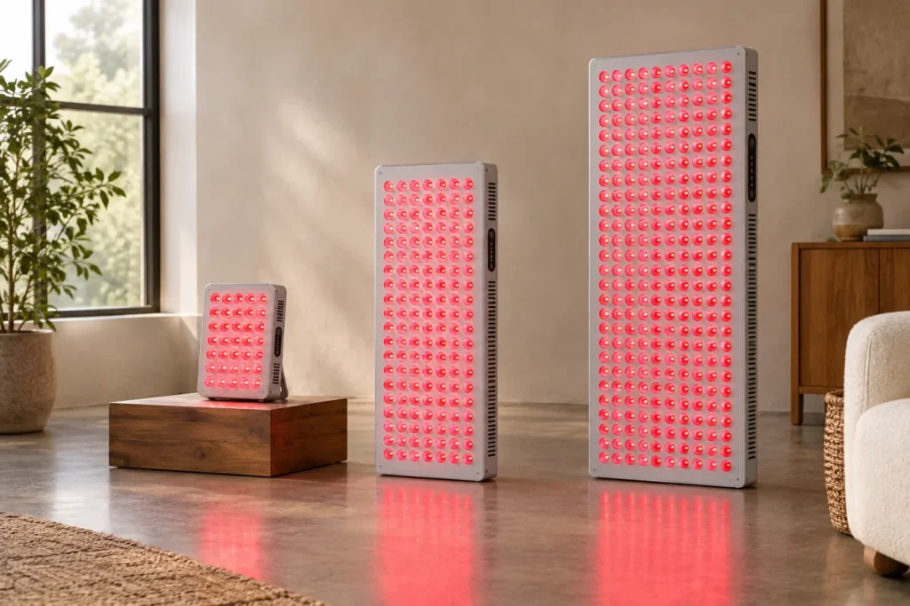 A neutral, non-branded comparison scene with three red light therapy setups side by side: a small tabletop panel, a taller half-body vertical panel arrange