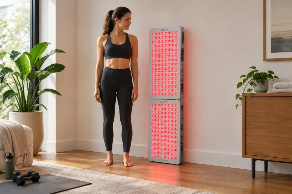 A non-branded red/NIR light panel setup made from one shorter panel stacked with one taller panel, shown vertically beside an adult silhouette or neutral s