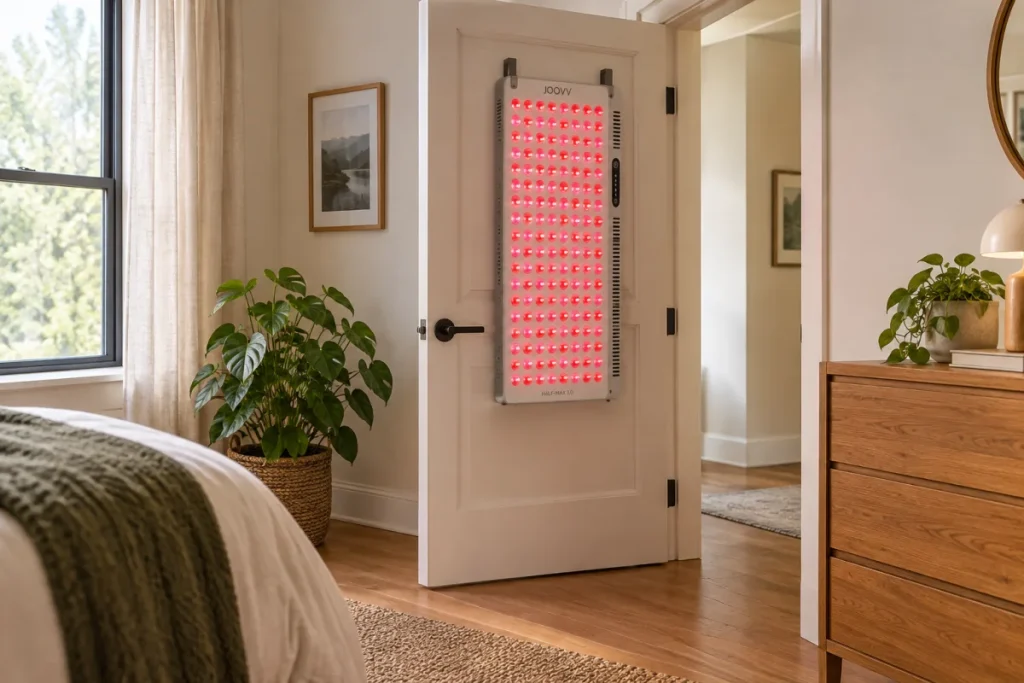 A wide, non-branded home setup showing a tall red light therapy panel mounted securely on the back of an interior door, with visible floor clearance, door