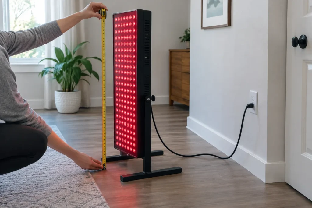 A non-branded panel setup in a home room with a visible tape measure checking clearance, the power cord routed cleanly to a nearby outlet, and open walking