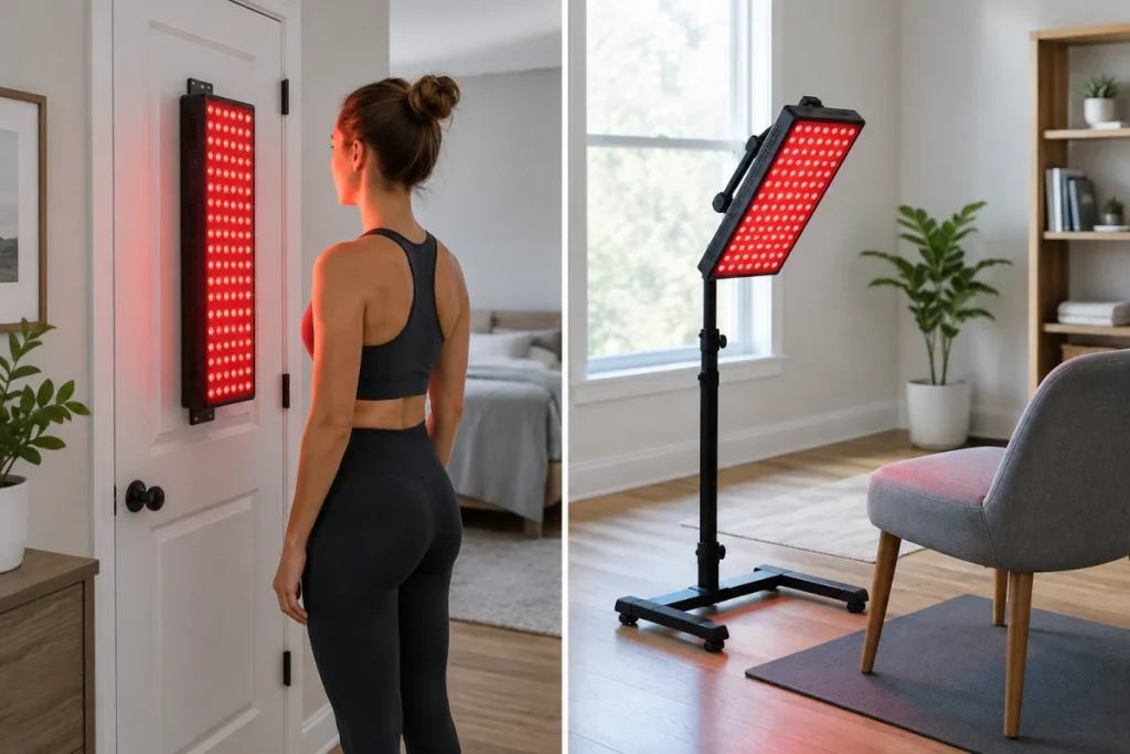 A non-branded red light therapy panel shown in a simple split-view: one side mounted vertically on a door at torso height, the other side on an adjustable