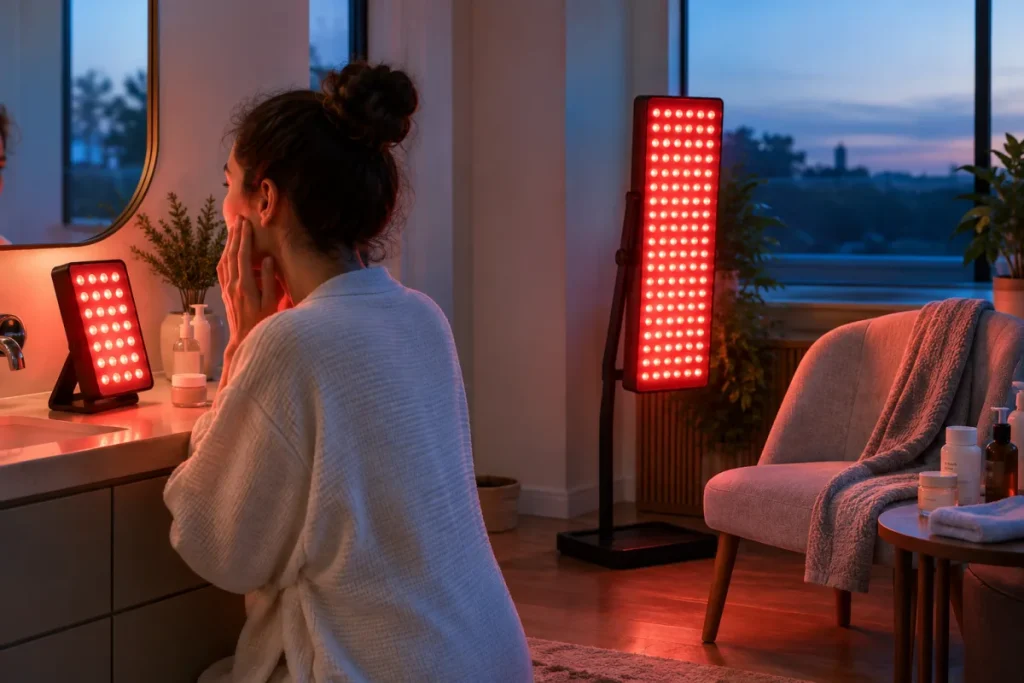 A non-branded side-by-side setup comparison: a small tabletop red light panel on a bathroom vanity aimed at face height, contrasted with a larger half-body