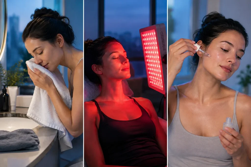A three-part, text-free process image showing a cleanser and towel beside a dry face area, a red light panel being used on bare clean skin, then hands appl