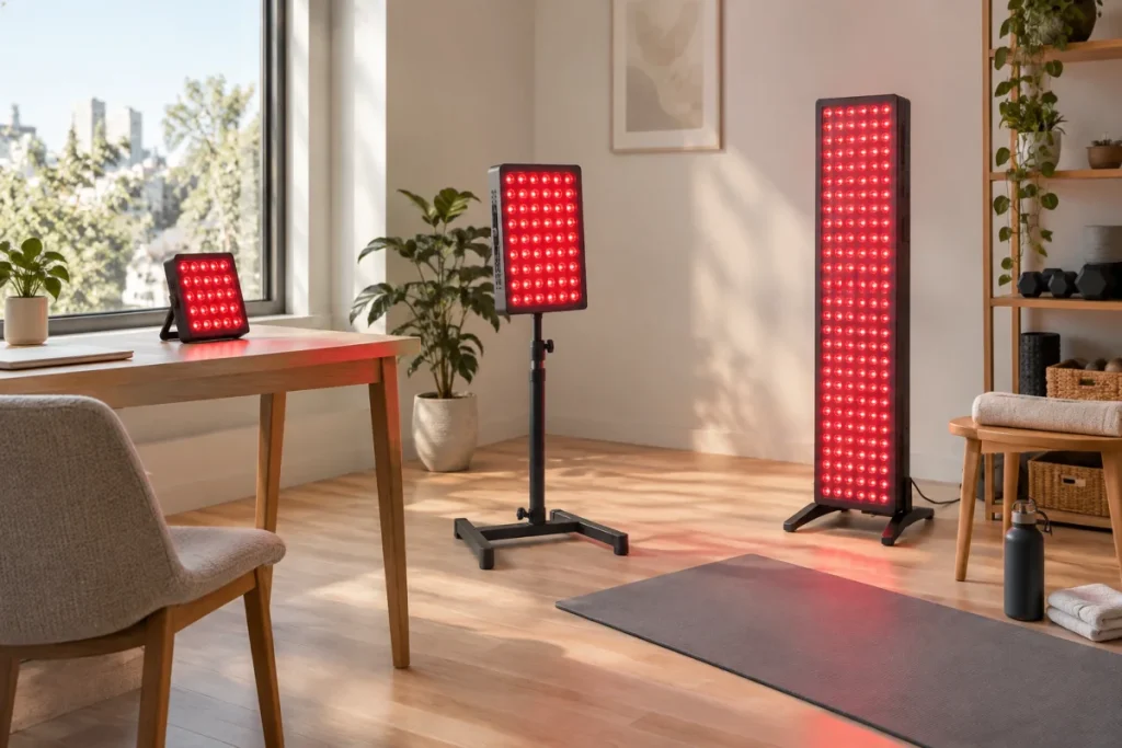 A non-branded size comparison showing a small tabletop red light panel on a desk, a mid-size panel on a stand, and a taller panel near a mat or stool in th